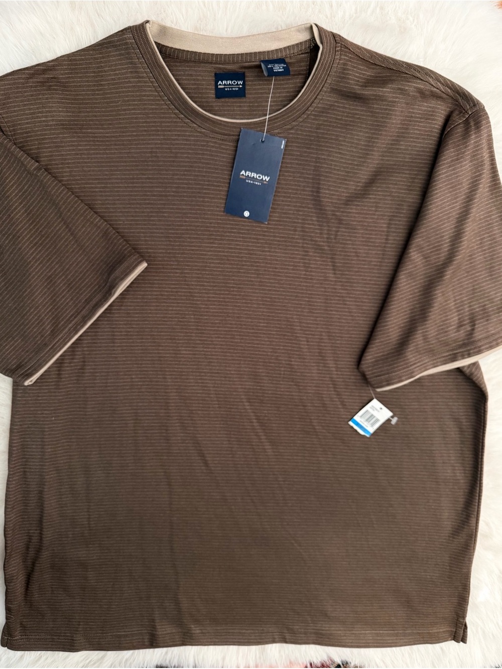 Arrow USA 1851 horizontal striped crewneck t-shirt brown beige Men’s Size XL NWT